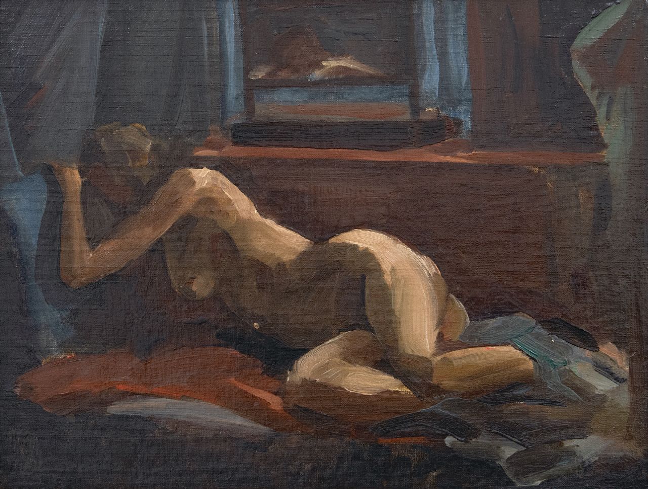 Paul Maze | Liggend naakt en voyeur, olieverf op doek op board, 27,0 x 34,8 cm