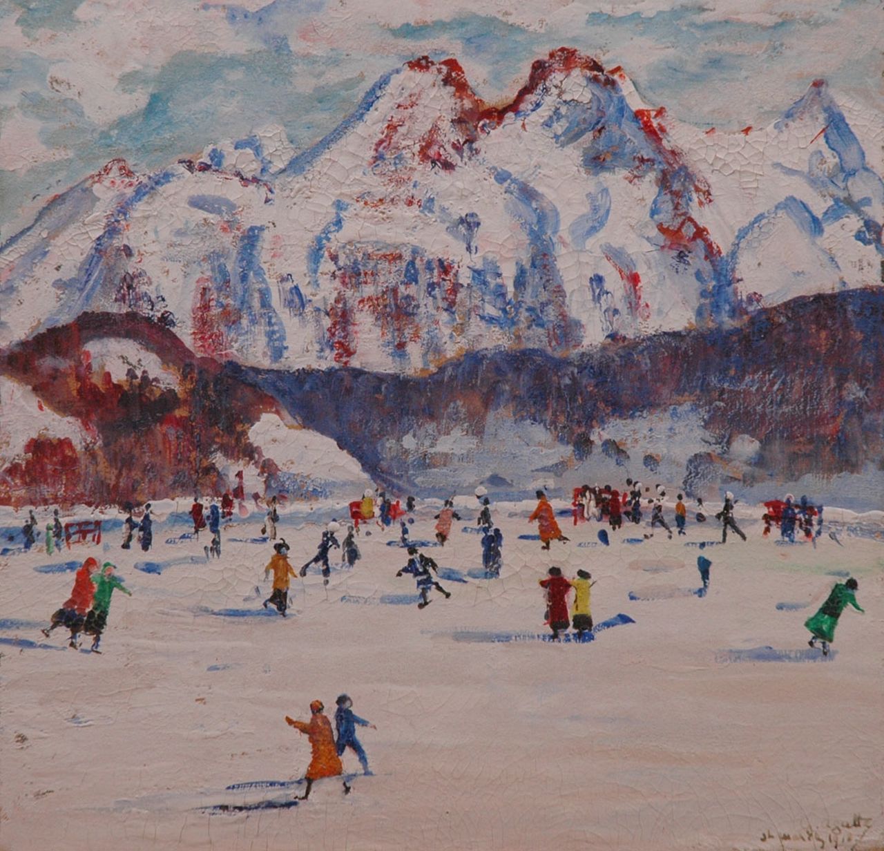 Agutte G. | Georgette Agutte, Schaatsen in St. Moritz, gouache op board 23,5 x 24,3 cm, gesigneerd rechtsonder en gedateerd 'St. Moritz 1918' Agutte G. | Georgette Agutte, Schaatsen in St. Moritz, gouache op board 23,5 x 24,3 cm, gesigneerd rechtsonder en gedateerd 'St. Moritz 1918'
