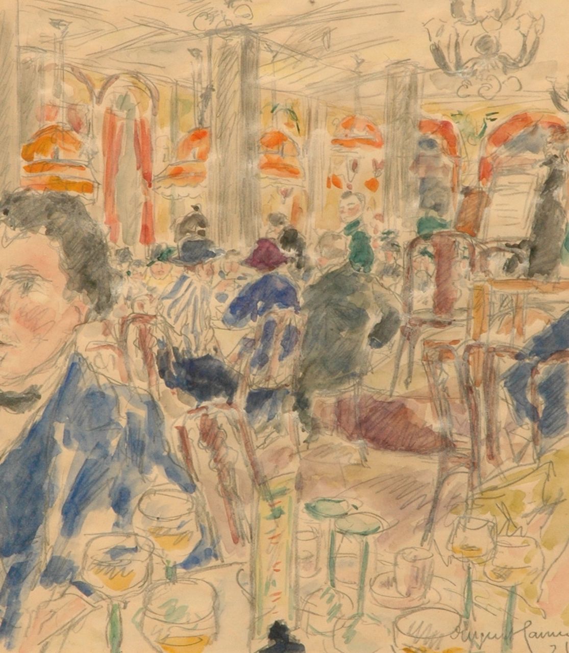 Hamm E.  | Eugen Hamm, In het koffiehuis 'Drei Könige' in Leipzig, potlood en aquarel op papier 33,3 x 29,3 cm, gesigneerd rechtsonder en gedateerd '21