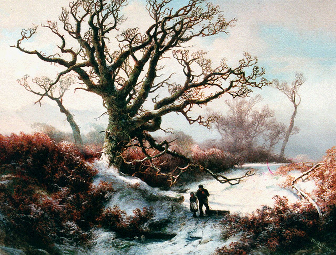 Marius Christiaan Middelbeek | Avondstemming in besneeuwd boslandschap, olieverf op doek, 47,0 x 57,0 cm, gesigneerd r.o.
