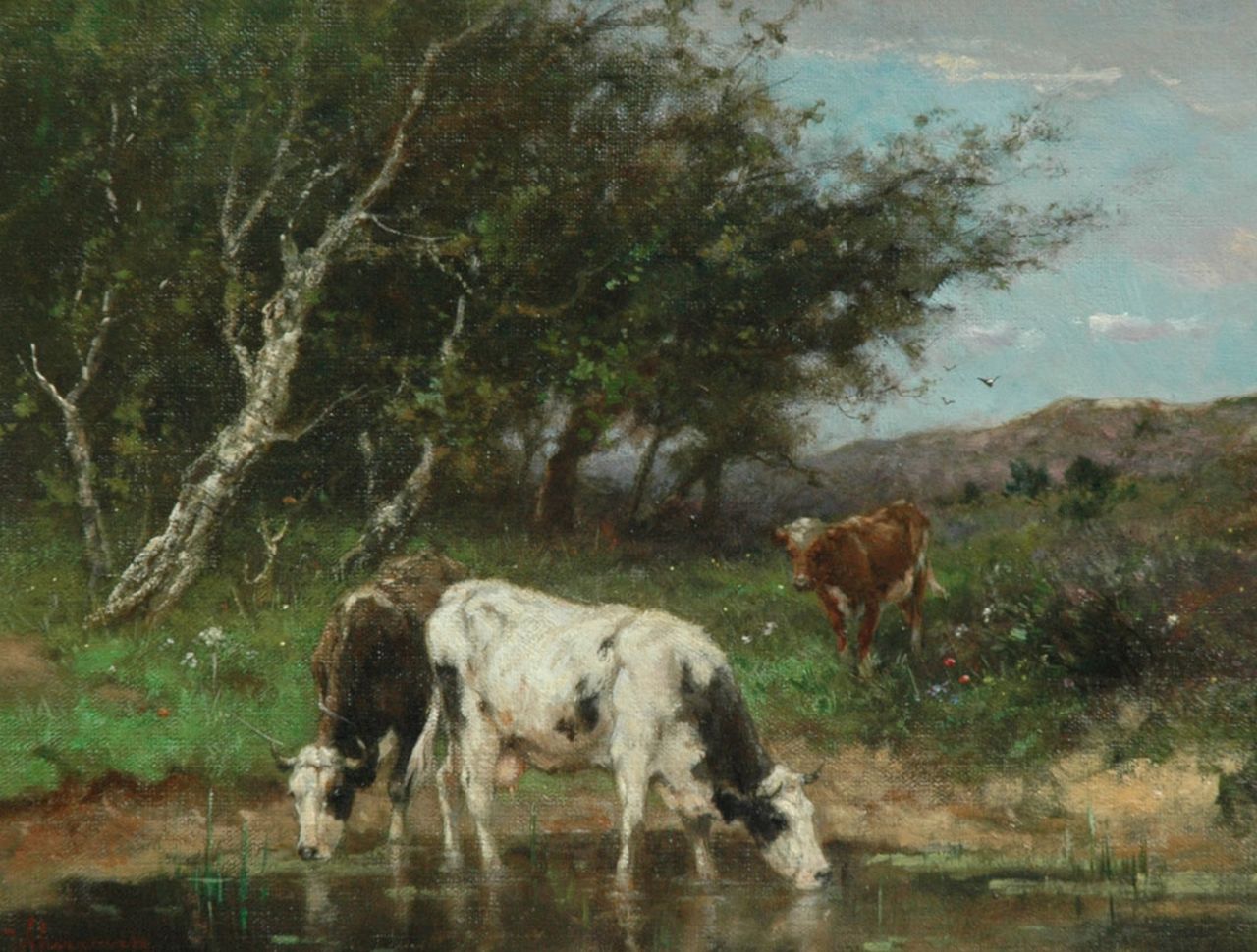 Scherrewitz J.F.C.  | Johan Frederik Cornelis Scherrewitz, Drinkende koeien, olieverf op doek 30,5 x 40,2 cm, gesigneerd linksonder