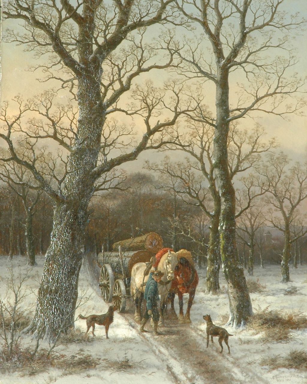 Bimmermann C.  | Caesar Bimmermann, Houthakker met mallejan op besneeuwd bospad, olieverf op doek 96,6 x 78,0 cm, gesigneerd rechtsonder en gedateerd 'Dldf 1886'