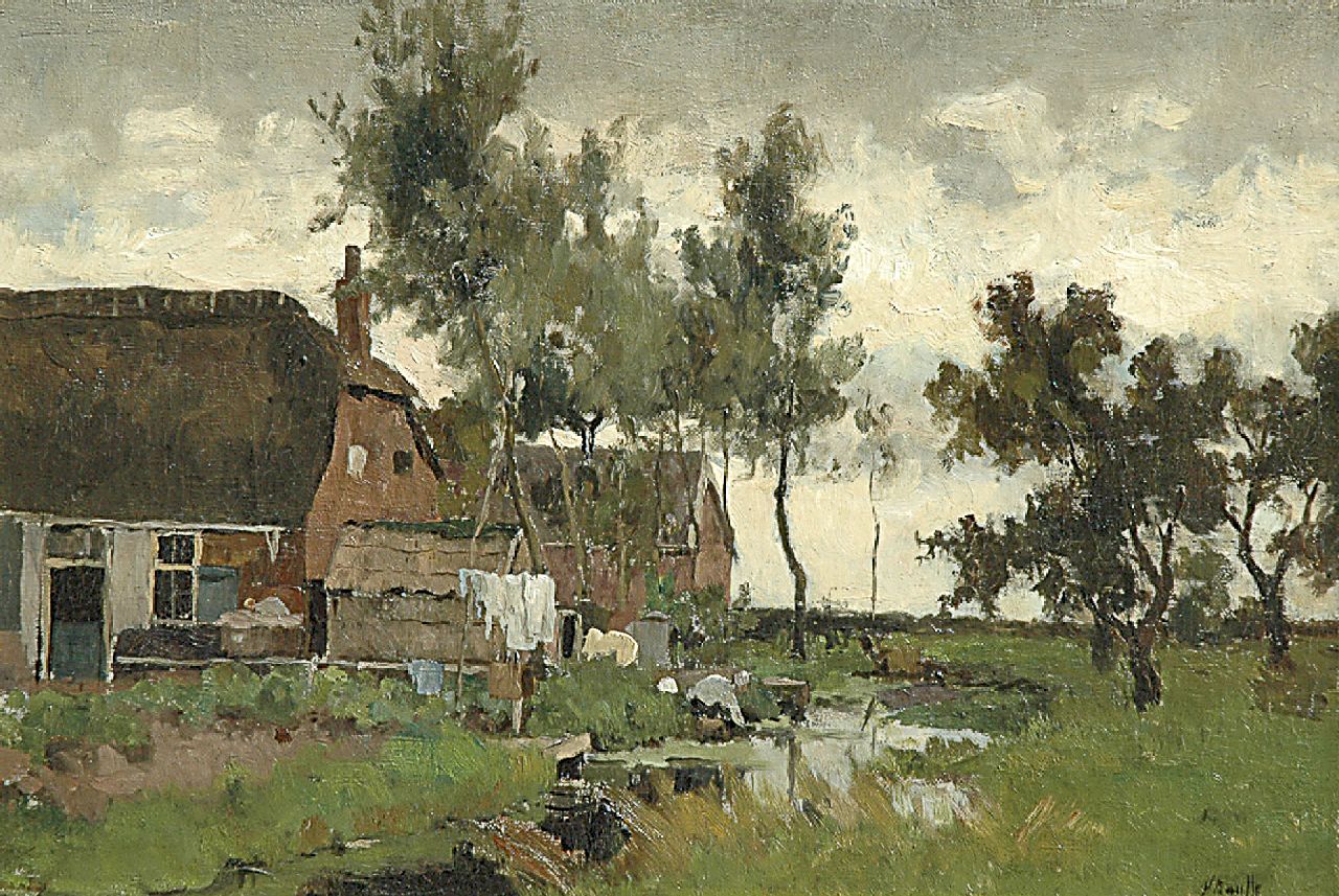 Bauffe V.  | Victor Bauffe, Landschap met wasvrouw aan een poldervaart, olieverf op doek 33,7 x 49,6 cm, gesigneerd rechtsonder