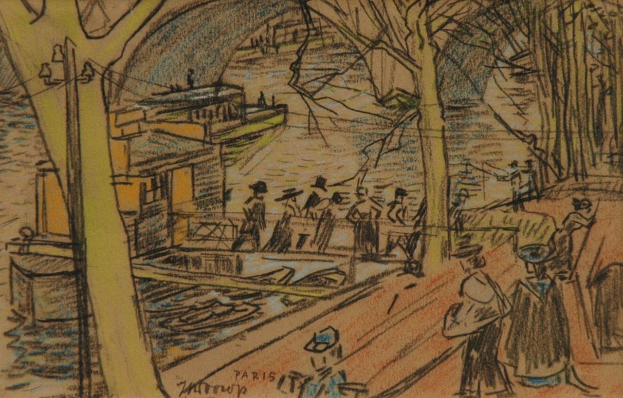 Toorop J.Th.  | Johannes Theodorus 'Jan' Toorop, Langs de Seine, Parijs, potlood en gekleurd krijt op papier 15,2 x 23,4 cm, gesigneerd links van het midden. en te dateren ca. 1903