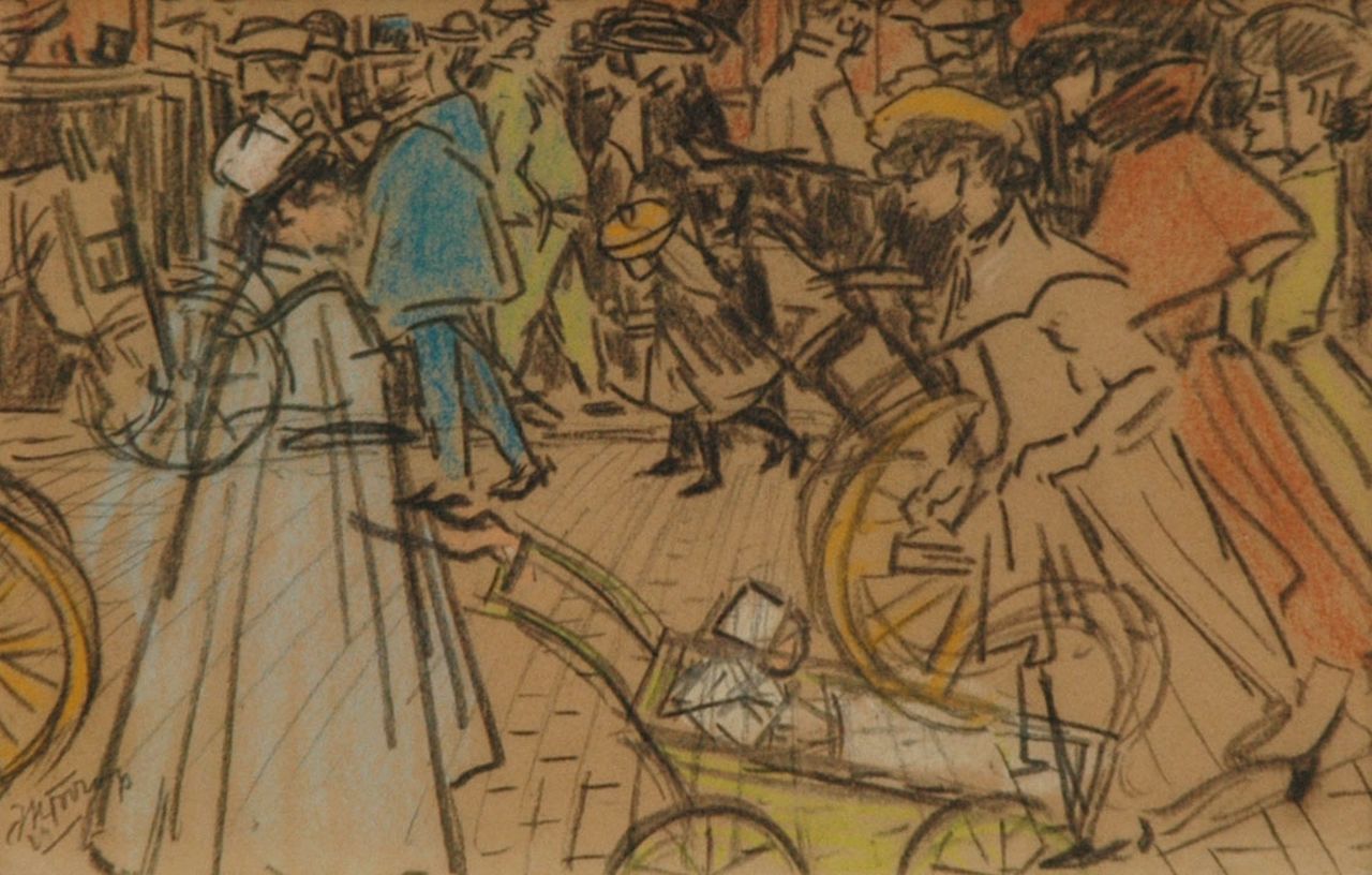 Toorop J.Th.  | Johannes Theodorus 'Jan' Toorop, Wandelaars op een Parijse boulevard, potlood en gekleurd krijt op papier 15,1 x 23,2 cm, gesigneerd linksonder en te dateren ca. 1903