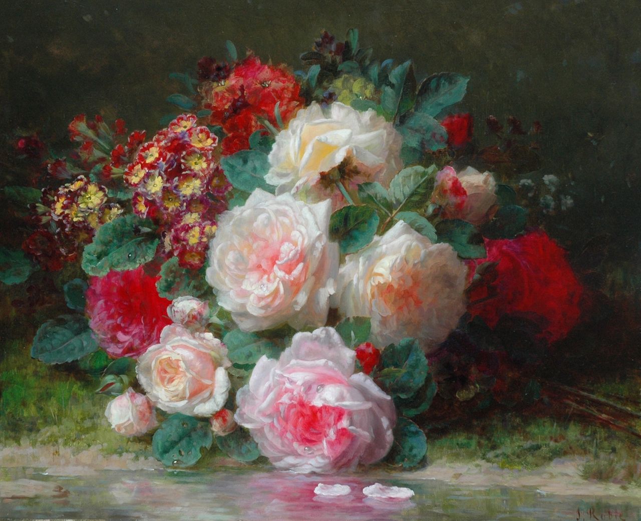Robie J.B.  | Jean-Baptiste Robie, Bloemstilleven met rozen en primula's, olieverf op paneel 39,8 x 48,1 cm, gesigneerd rechtsonder