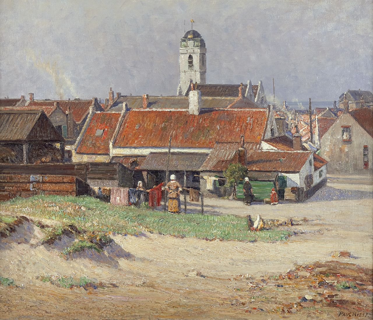 Riess P.  | Paul Riess, Gezicht op Katwijk aan Zee met de Oude Kerk, olieverf op doek 60,9 x 70,6 cm, gesigneerd rechtsonder