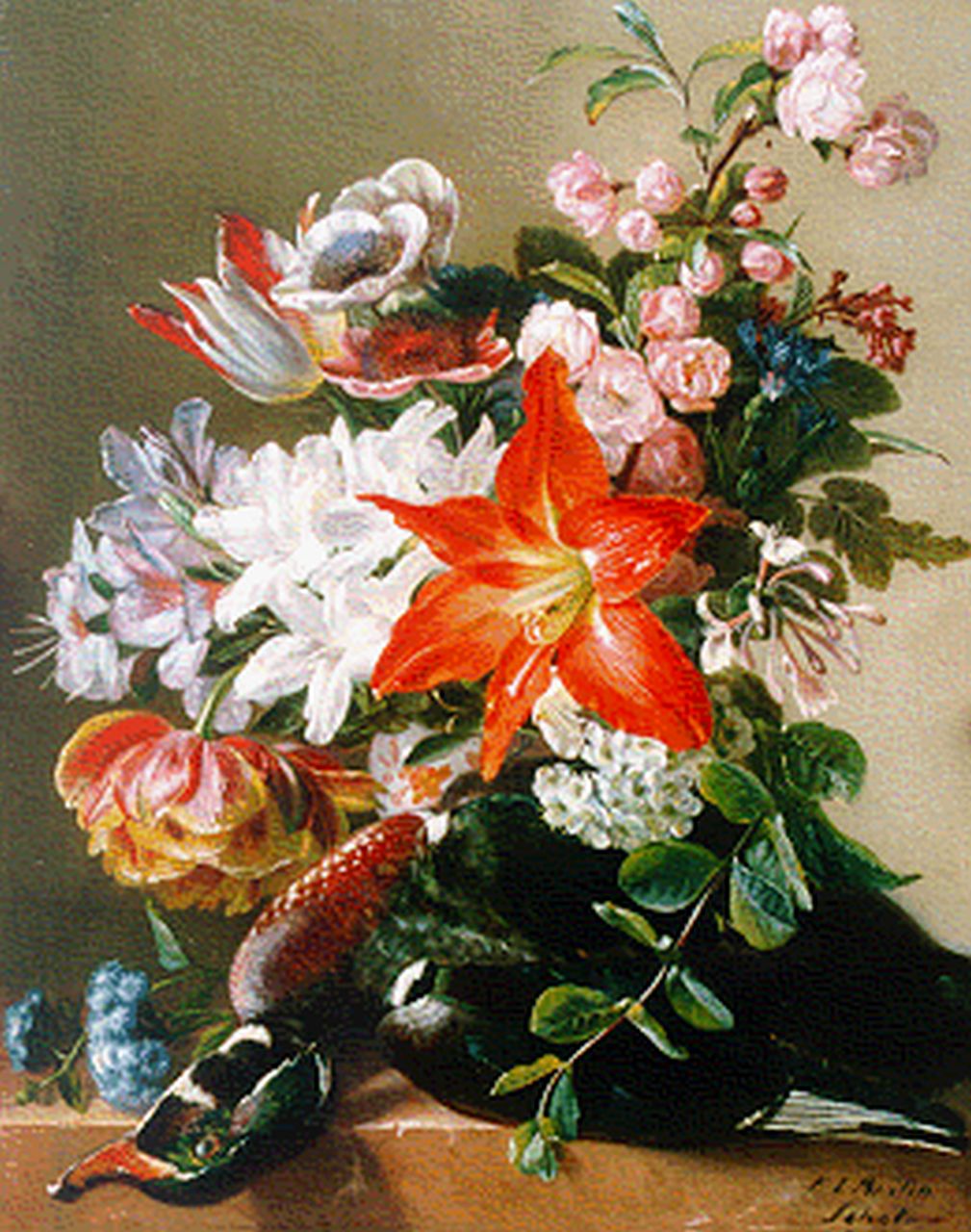 Schot F.L.  | Francina Louise Schot, Stilleven van bloemen en Carolina eend, olieverf op paneel 43,5 x 34,8 cm, gesigneerd rechtsonder