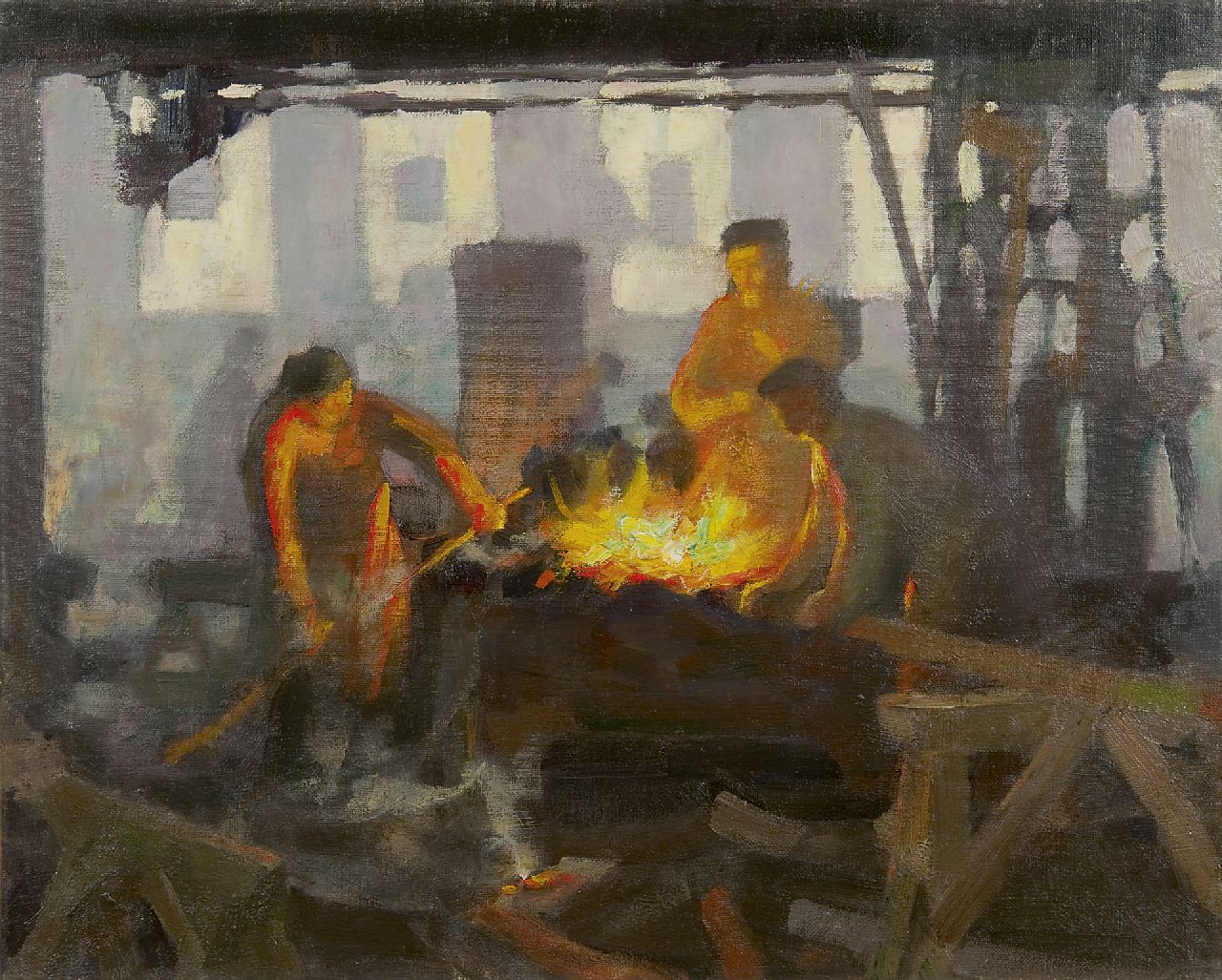 Louis Heijmans | Ovenisten bij de ijzergieterij Boddaert te Middelburg, olieverf op doek, 40,2 x 50,2 cm