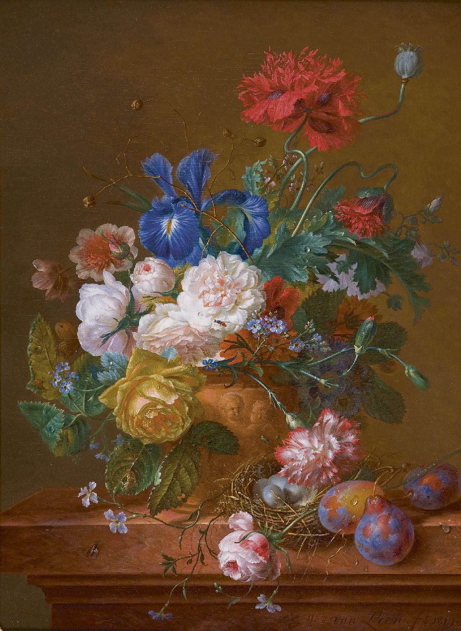 Leen W. van | Willem van Leen, Stilleven met bloemen en vogelnest, olieverf op paneel 56,9 x 41,6 cm, gesigneerd rechtsonder en gedateerd 1819