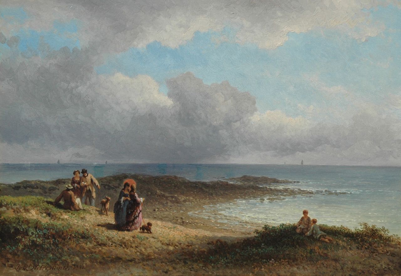 Hilverdink J.  | Johannes Hilverdink, Elegante wandelaars aan de Franse kust, olieverf op paneel 23,6 x 34,2 cm, gesigneerd linksonder en gedateerd 1873