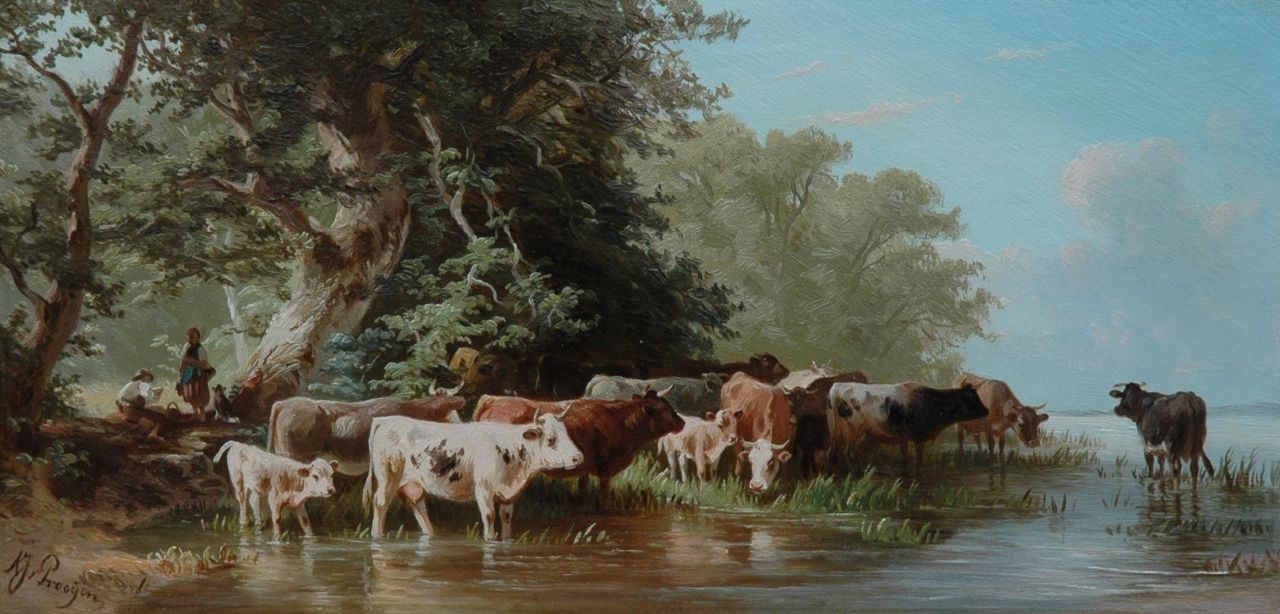 Prooijen A.J. van | Albert Jurardus van Prooijen, Herder en herderin met kudde koeien, olieverf op paneel 16,1 x 33,0 cm, gesigneerd linksonder