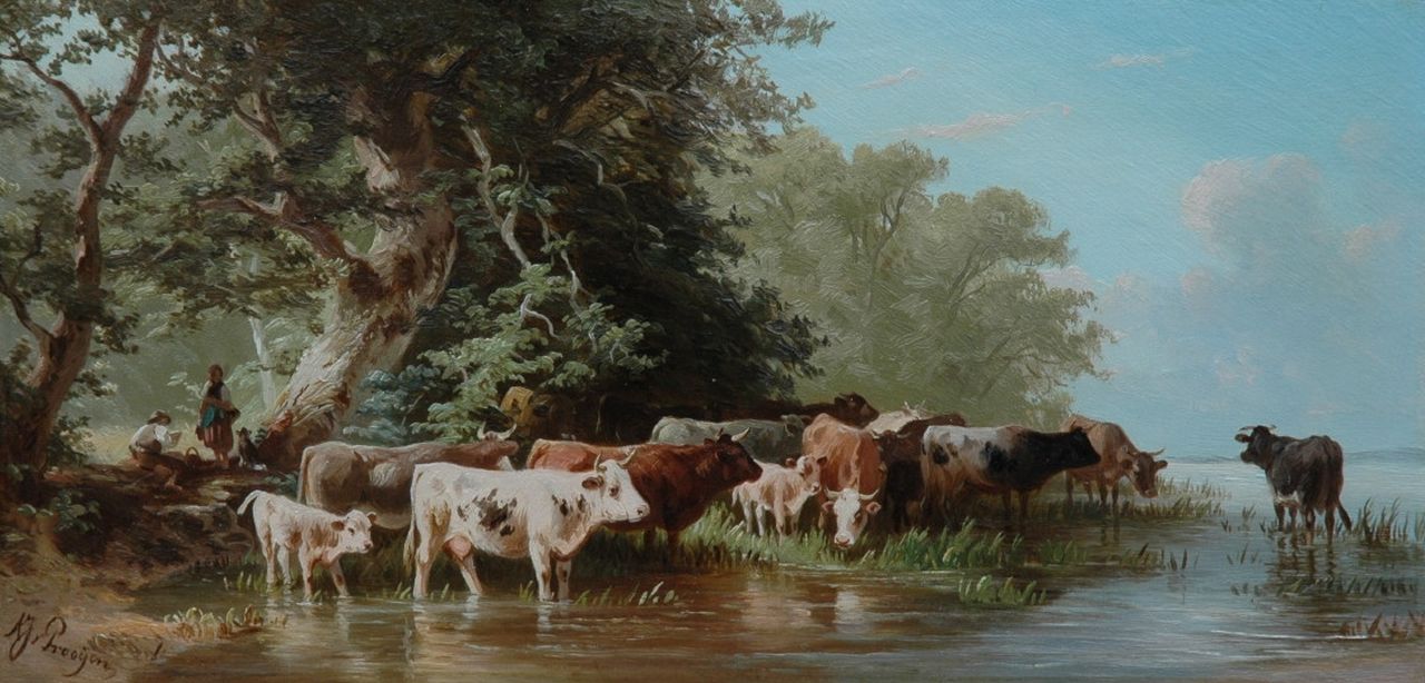 Prooijen A.J. van | Albert Jurardus van Prooijen, Herder en herderin met kudde koeien, olieverf op paneel 16,1 x 33,0 cm, gesigneerd linksonder