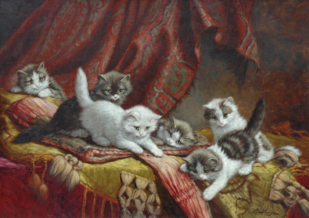 Raaphorst C.  | Cornelis Raaphorst, Zes spelende katjes op een kussen, olieverf op doek 50,3 x 70,4 cm, gesigneerd rechtsonder
