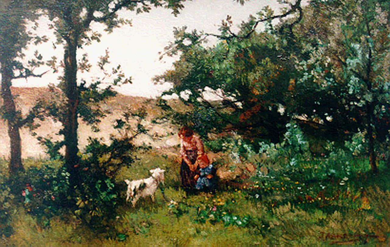 Akkeringa J.E.H.  | 'Johannes Evert' Hendrik Akkeringa, Geitje voeren in de duinen, olieverf op doek 27,0 x 41,3 cm, gesigneerd rechtsonder