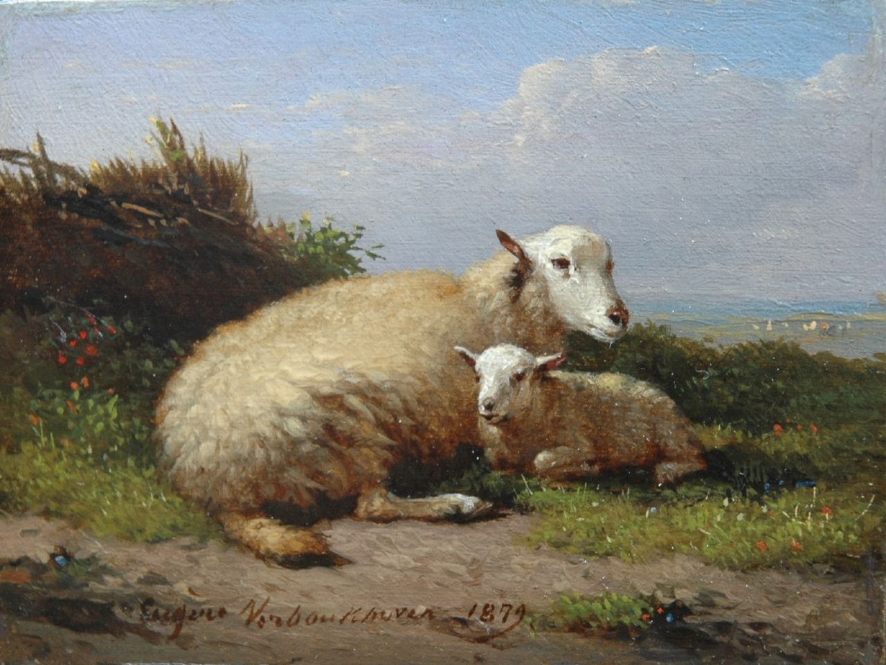 Verboeckhoven E.J.  | Eugène Joseph Verboeckhoven, Schaap met lam, olieverf op paneel 6,9 x 9,2 cm, gesigneerd middenonder en gedateerd 1879