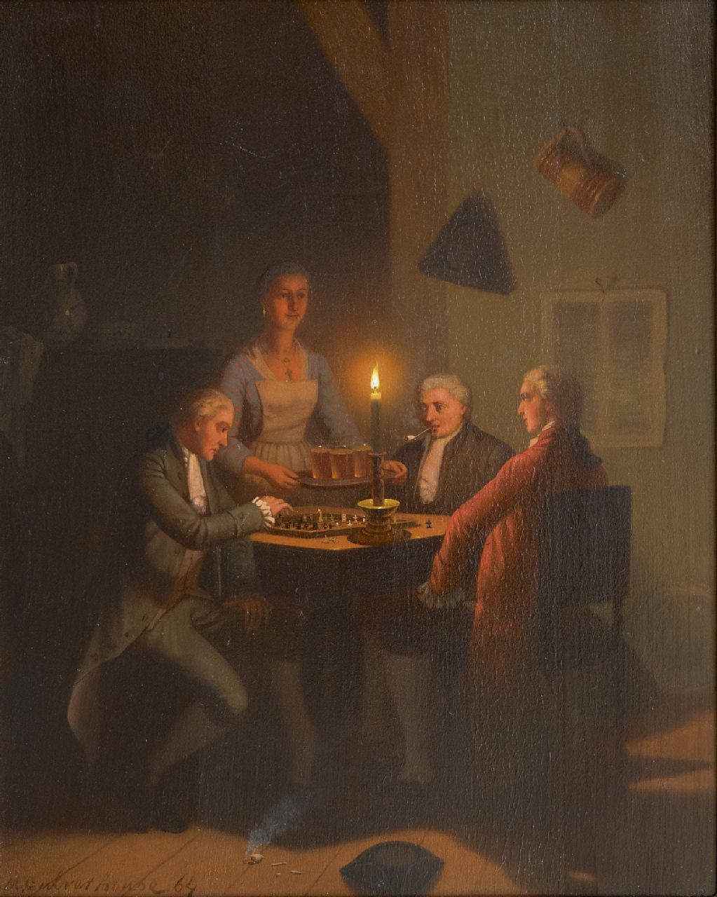 Culverhouse J.M.  | Johan Mengels Culverhouse | Schilderijen te koop aangeboden | Drie bier voor de schaakspelers bij kaarslicht, olieverf op paneel 26,8 x 21,3 cm, gesigneerd linksonder en gedateerd '64