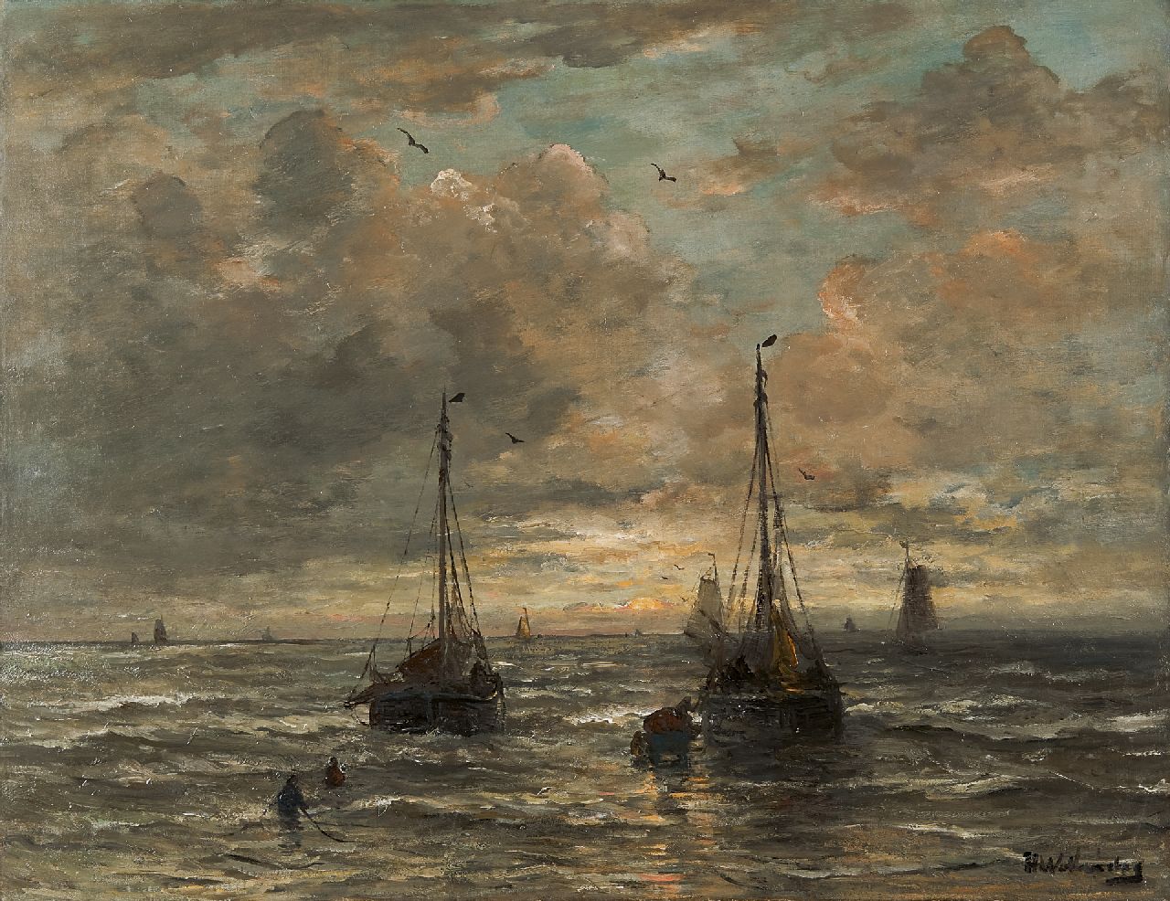 Mesdag H.W.  | Hendrik Willem Mesdag, Het uitladen van de vangst, Scheveningen, olieverf op doek 69,0 x 88,2 cm, gesigneerd rechtsonder