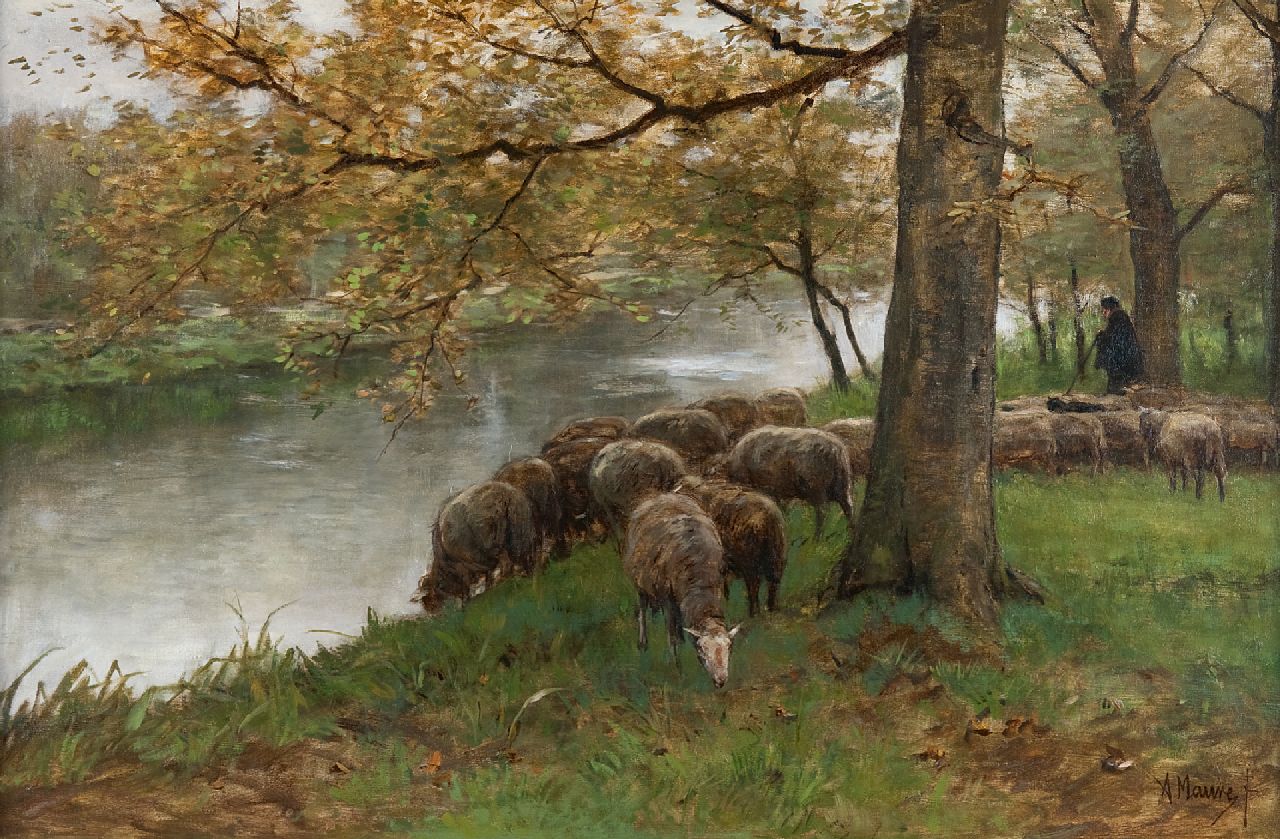 Mauve A.  | Anthonij 'Anton' Mauve, Drinkende schapen bij een rivier, olieverf op doek 60,5 x 90,2 cm, gesigneerd rechtsonder en te dateren ca. 1870