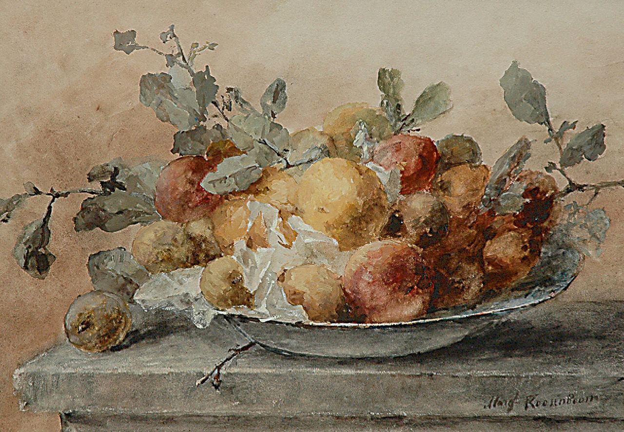 Roosenboom M.C.J.W.H.  | 'Margaretha' Cornelia Johanna Wilhelmina Henriëtta Roosenboom, Stilleven met fruit en takjes op een schaal, aquarel en gouache op papier 46,6 x 66,3 cm, gesigneerd rechtsonder