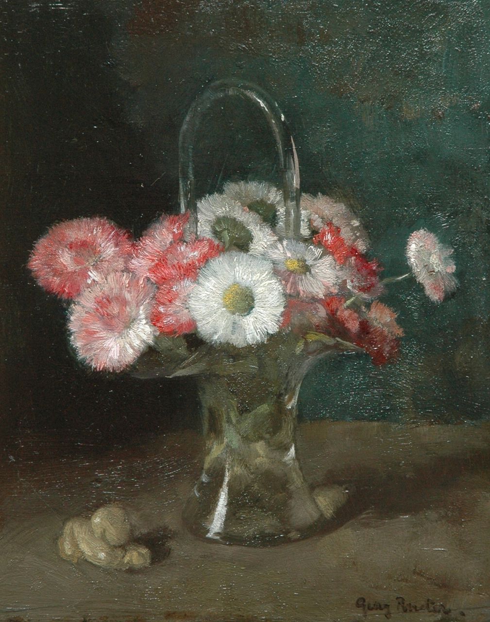 Rueter W.C.G.  | Wilhelm Christian 'Georg' Rueter, Bloemen in glazen vaasje, olieverf op paneel 23,6 x 19,5 cm, gesigneerd rechtsonder