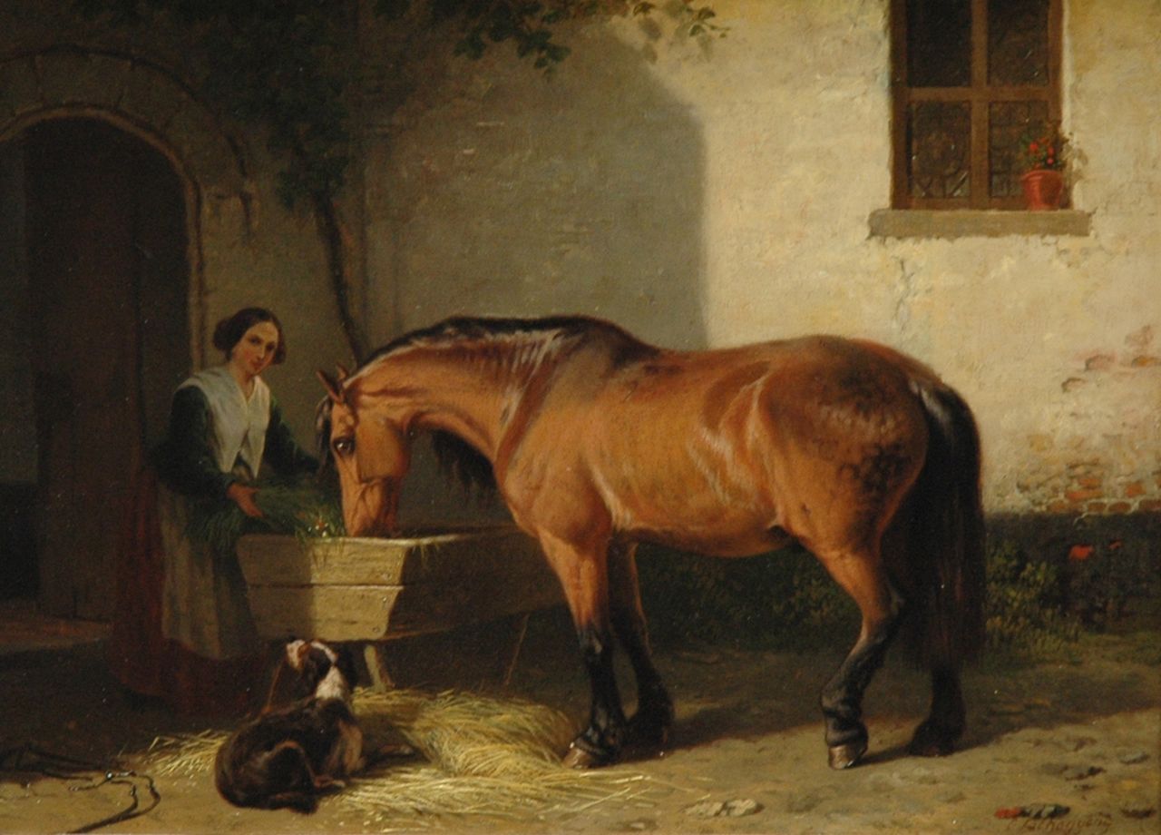 Tschaggeny C.P.  | Charles Philogène Tschaggeny, Het voeren van het paard, olieverf op paneel 19,0 x 25,3 cm, gesigneerd rechtsonder