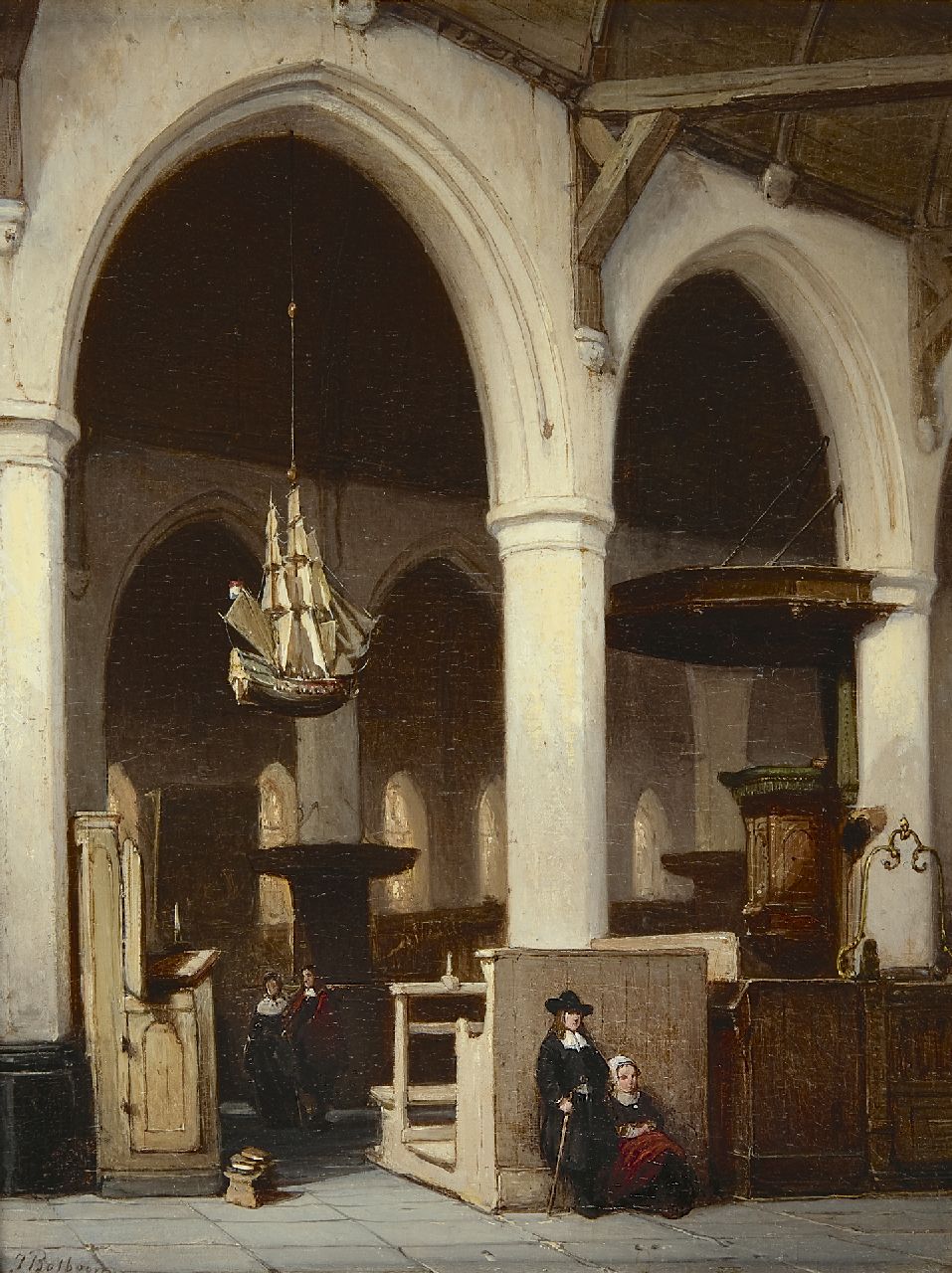 Bosboom J.  | Johannes Bosboom, Interieur van de Armenkerk in Hoorn, olieverf op paneel 42,9 x 32,7 cm, gesigneerd linksonder