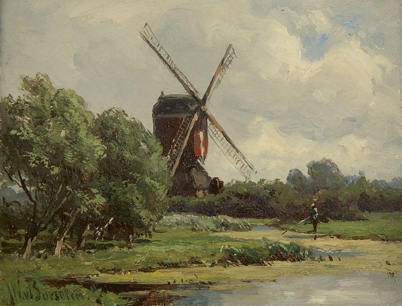 Borselen J.W. van | Jan Willem van Borselen, De Bovenmolen aan het oosteinde van de polder Stolwijk (bij Gouda), olieverf op paneel 9,0 x 11,8 cm, gesigneerd linksonder