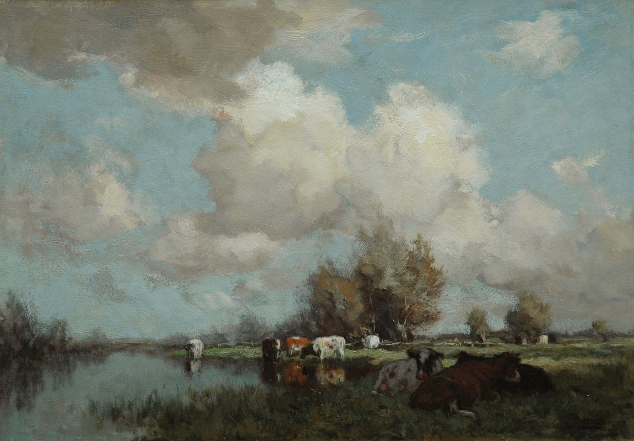 Leurs J.K.   | Johannes Karel Leurs, Roodbont en zwartbont vee bij een rivier, olieverf op doek 47,3 x 67,2 cm, gesigneerd rechtsonder
