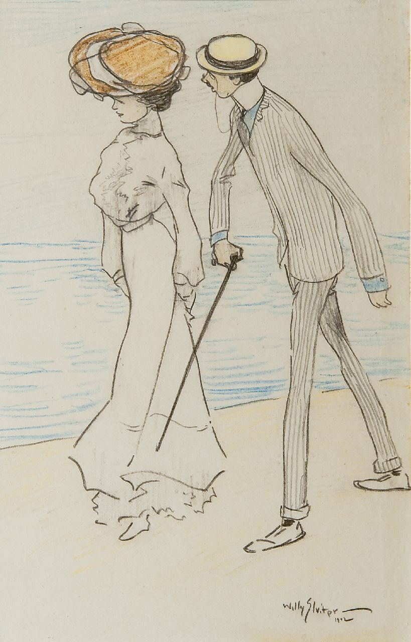 Sluiter J.W.  | Jan Willem 'Willy' Sluiter, Wandeling aan zee, zwart en gekleurd krijt op papier 27,0 x 17,0 cm, gesigneerd rechtsonder en gedateerd 1912
