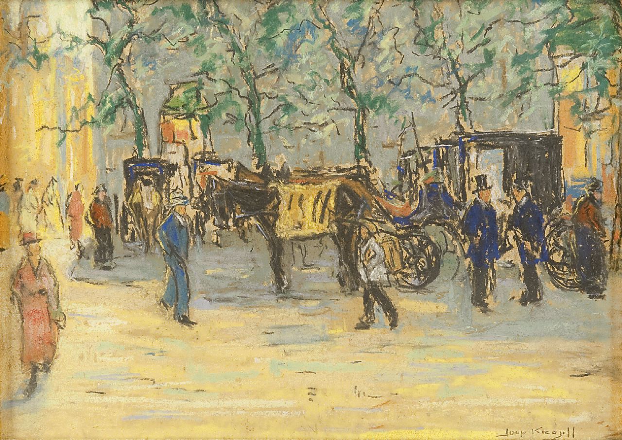 Kropff J. | Johan 'Joop' Kropff, Het Buitenhof in Den Haag met wachtende huurkoetsen, pastel op board 25,8 x 36,0 cm, gesigneerd rechtsonder Kropff J. | Johan 'Joop' Kropff, Het Buitenhof in Den Haag met wachtende huurkoetsen, pastel op board 25,8 x 36,0 cm, gesigneerd rechtsonder