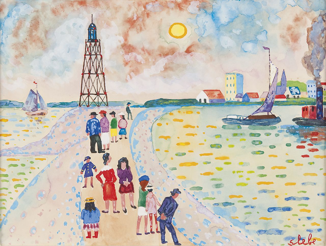 Slebe (Ferdinand Joseph Sleebe) F.  | Ferry Slebe (Ferdinand Joseph Sleebe), Zondagmiddagwandeling langs de haven, aquarel op papier 25,2 x 32,6 cm, gesigneerd rechtsonder