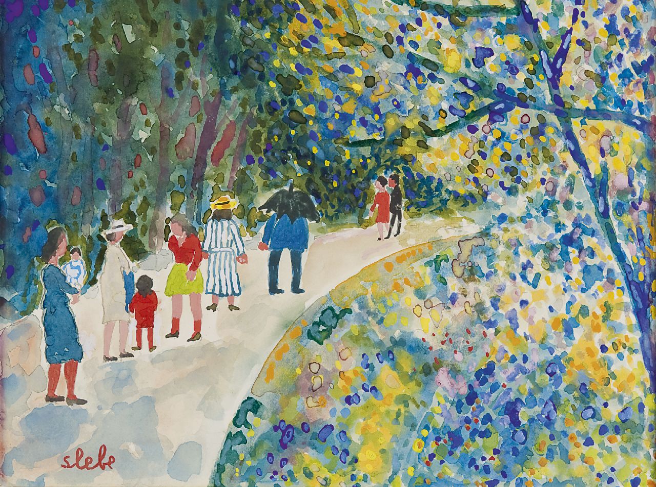 Slebe (Ferdinand Joseph Sleebe) F.  | Ferry Slebe (Ferdinand Joseph Sleebe), Wandeling in het park, aquarel op papier 25,0 x 32,6 cm, gesigneerd linksonder