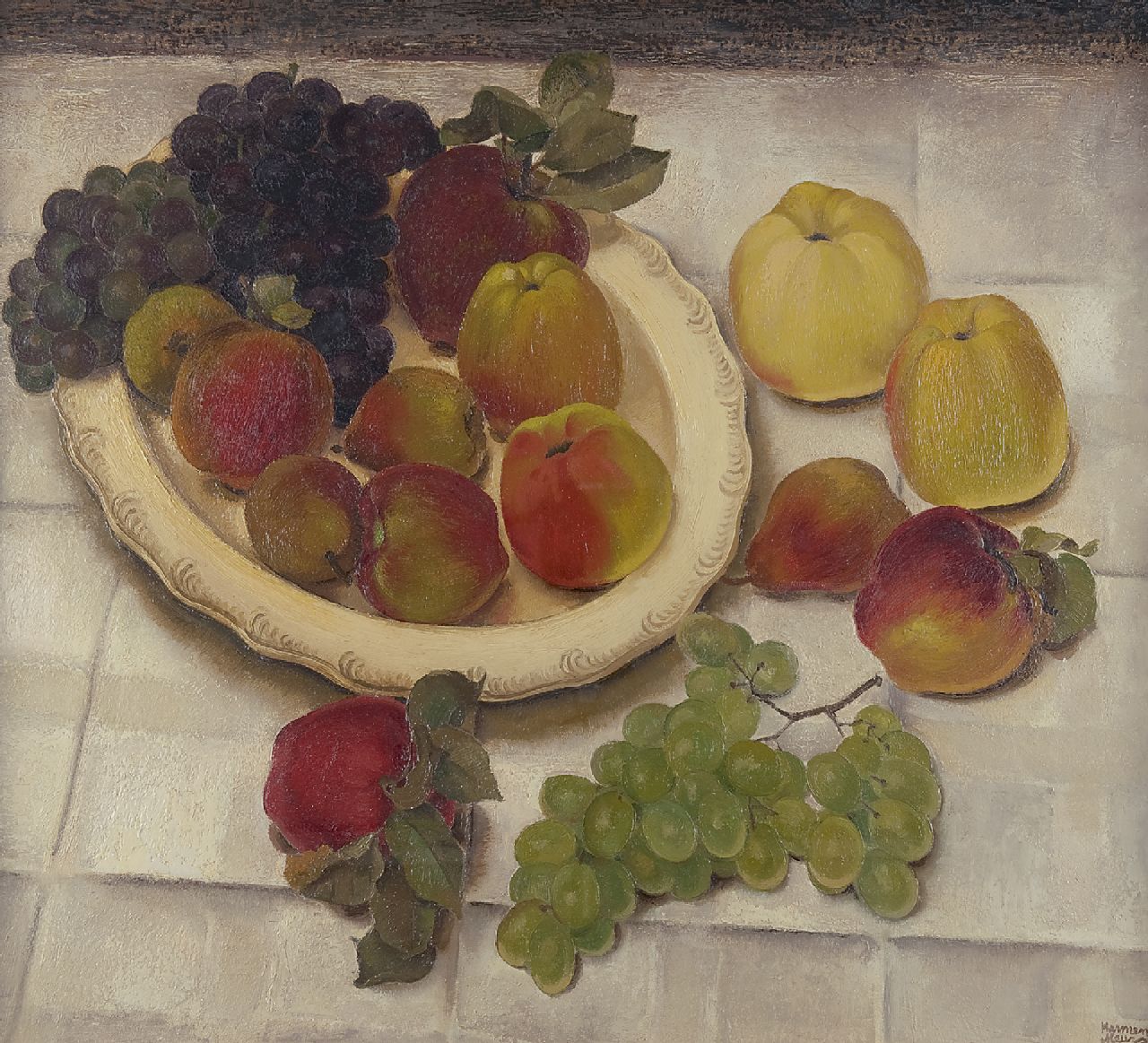 Meurs H.H.  | 'Harmen' Hermanus Meurs | Schilderijen te koop aangeboden | Vruchtenstilleven, olieverf op doek 65,1 x 73,2 cm, gesigneerd rechtsonder en verso en gedateerd 1932