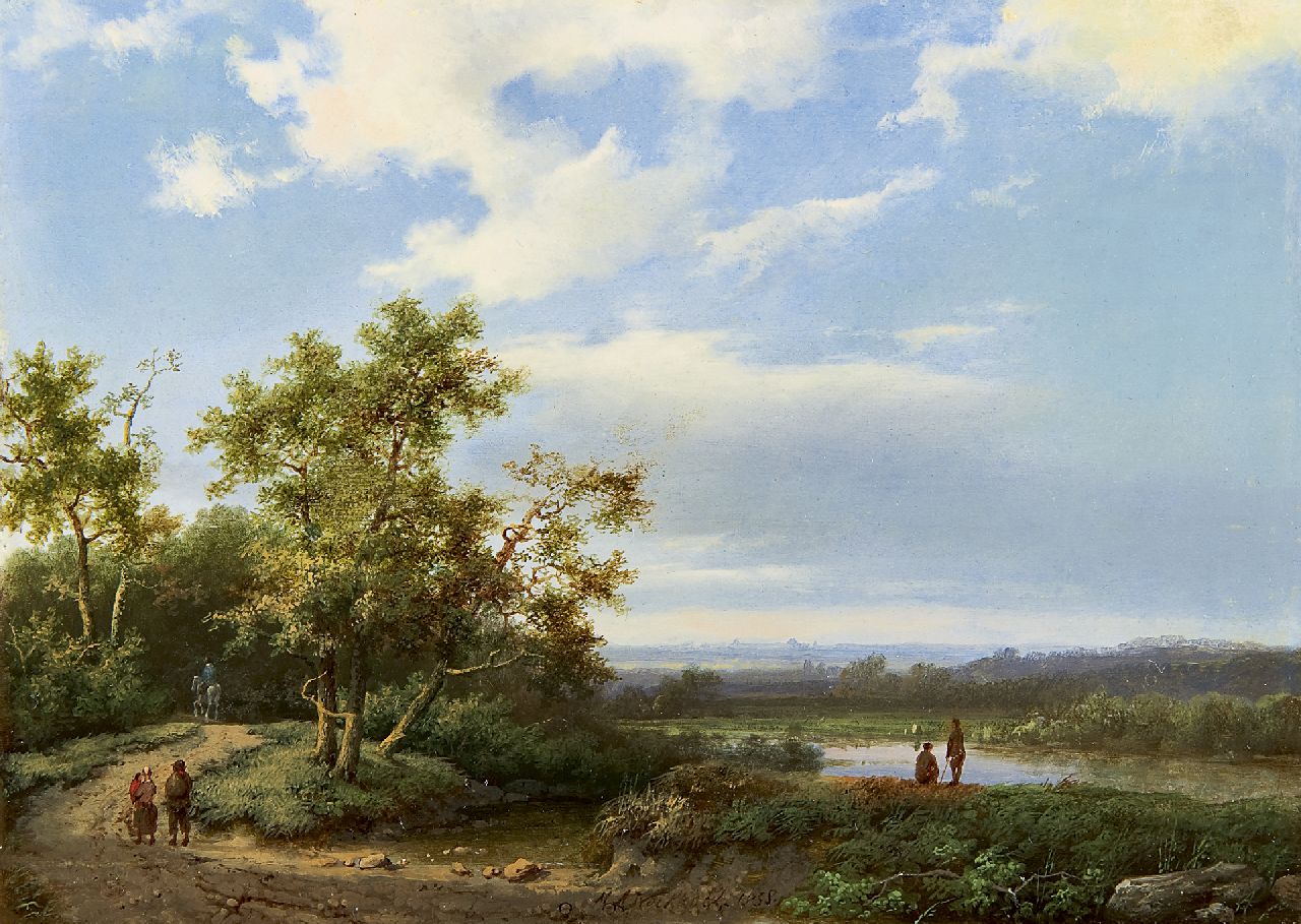 Koekkoek I M.A.  | Marinus Adrianus Koekkoek I, Bebost rivierlandschap met landvolk, olieverf op paneel 21,6 x 29,8 cm, gesigneerd middenonder en gedateerd 1858