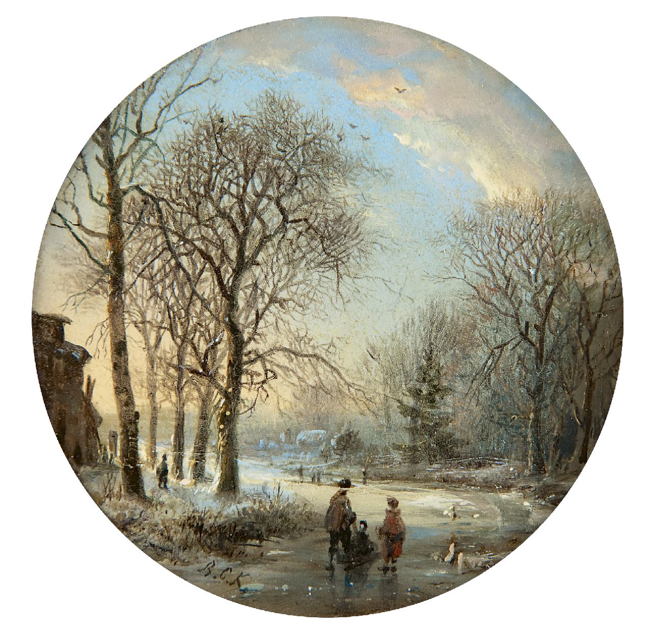 Koekkoek B.C.  | Barend Cornelis Koekkoek, Winterlandschap met schaatsers bij ondergaande zon, olieverf op koper 7,0 x 7,0 cm, gesigneerd linksonder met initialen en te dateren ca. 1827-1830