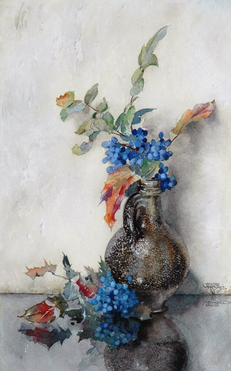 Verhorst A.J. | Andreas Jacobus 'André J.' Verhorst, Stenen kruik met Mahonia-takken, aquarel op papier 47,0 x 30,0 cm, gesigneerd rechtsonder en gedateerd '45 Verhorst A.J. | Andreas Jacobus 'André J.' Verhorst, Stenen kruik met Mahonia-takken, aquarel op papier 47,0 x 30,0 cm, gesigneerd rechtsonder en gedateerd '45