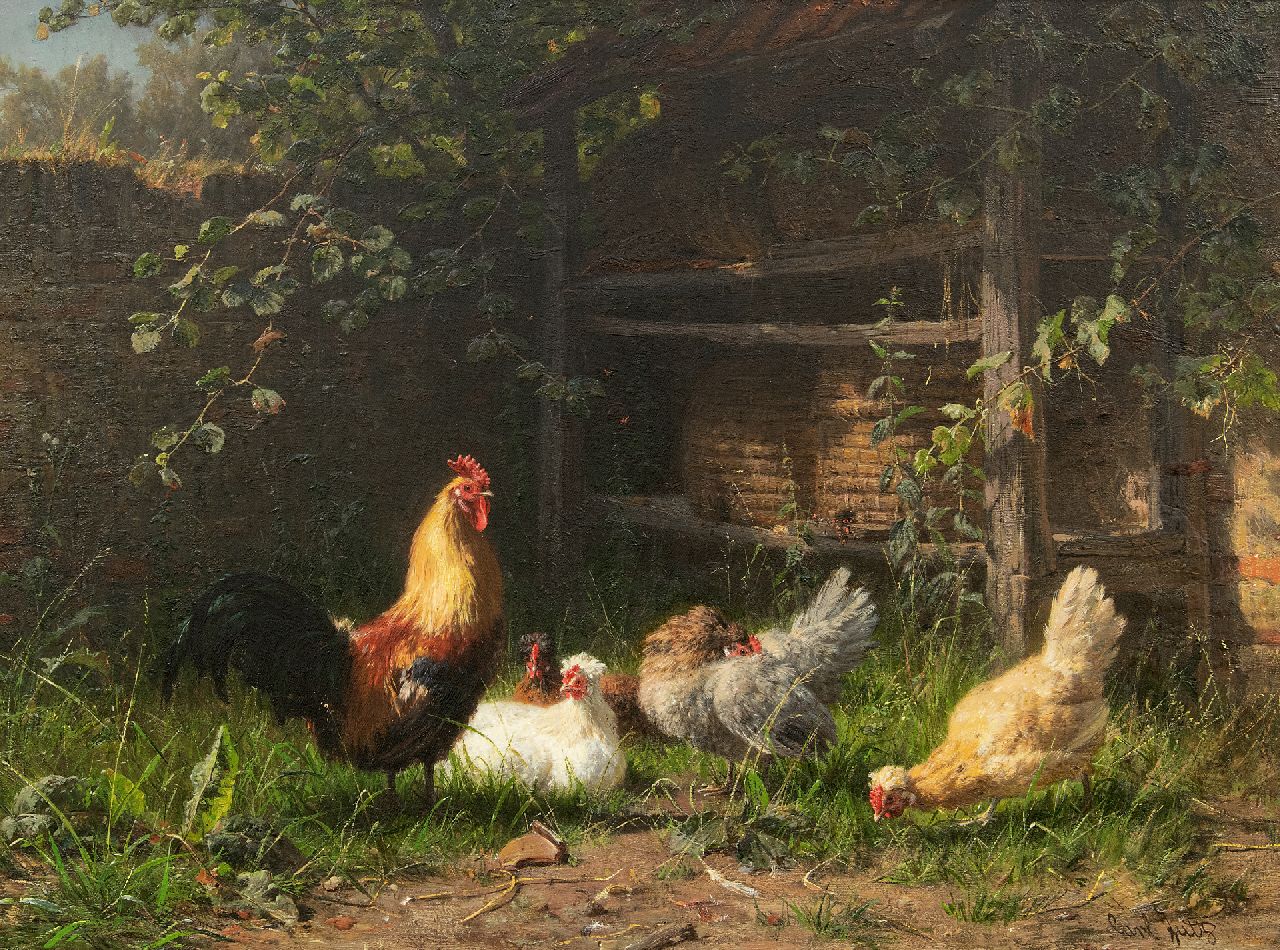 Jutz C.  | Carl Jutz | Schilderijen te koop aangeboden | Haan en kippen bij bijenkorven, olieverf op doek 43,0 x 58,0 cm, gesigneerd rechtsonder