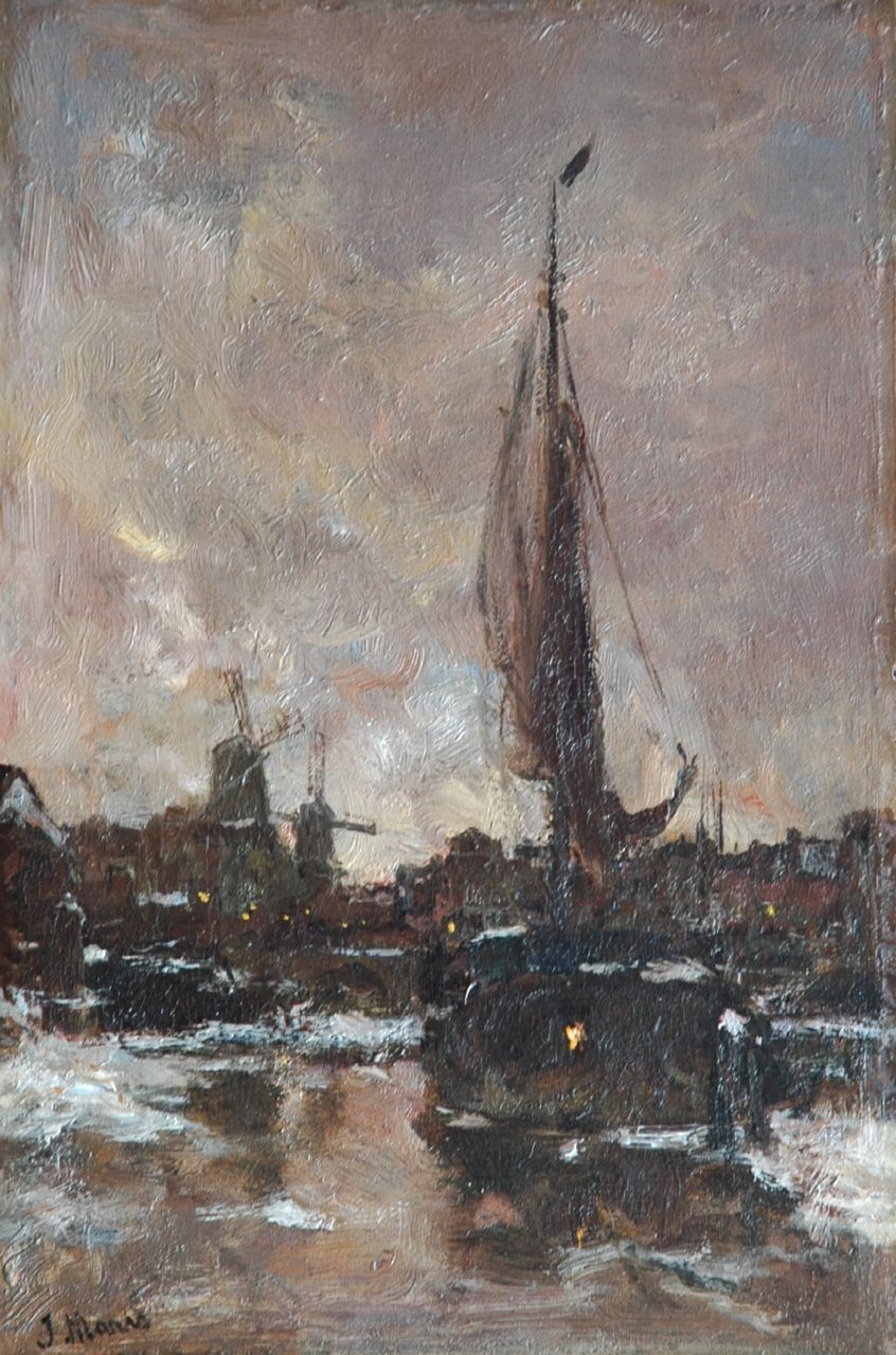 Maris J.H.  | Jacobus Hendricus 'Jacob' Maris, Gezicht op Schiedam op een winterse avond, olieverf op paneel 35,9 x 23,6 cm, gesigneerd linksonder