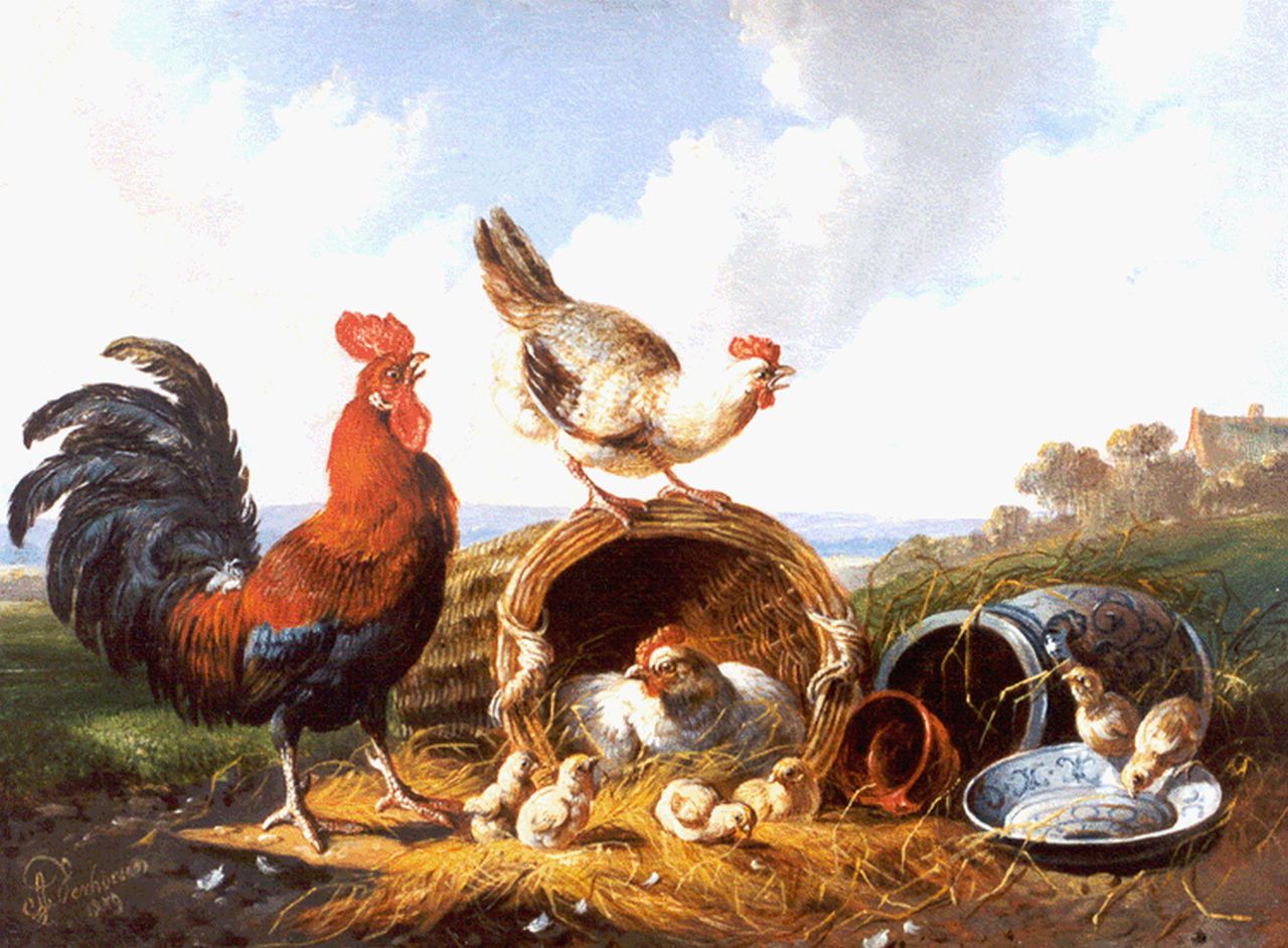 Verhoesen A.  | Albertus Verhoesen, Pluimvee bij een mand en Keulse pot (tezamen met 13655), olieverf op paneel 17,9 x 24,1 cm, gesigneerd linksonder en gedateerd 1879