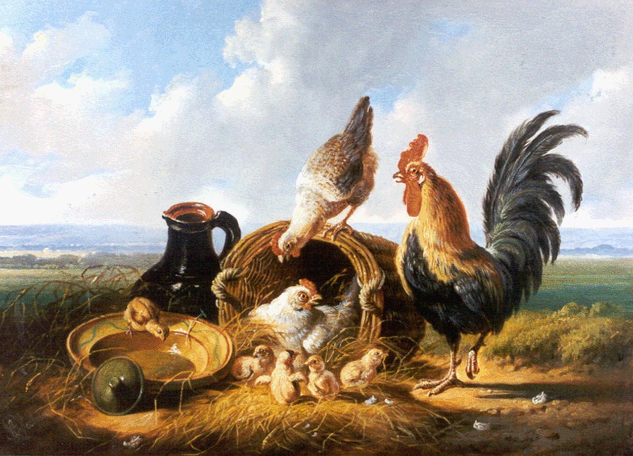 Verhoesen A.  | Albertus Verhoesen, Haan met hen en kuikens in een landschap, olieverf op paneel 17,8 x 24,3 cm, gesigneerd linksonder en gedateerd 1879