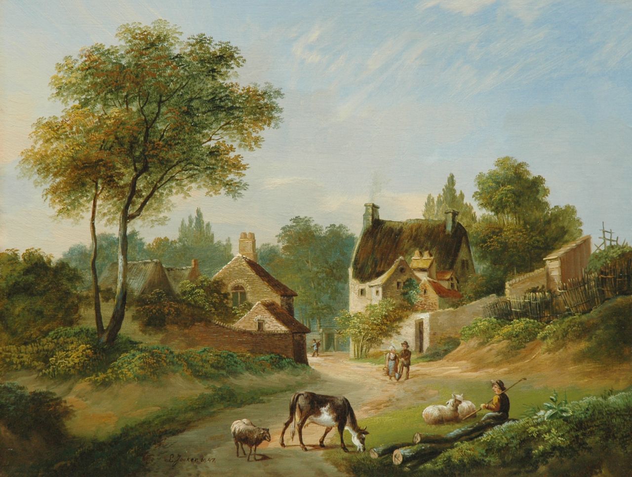 Jonker L.  | Leendert Jonker, Dorpsweg met landvolk en herder, olieverf op paneel 32,1 x 41,9 cm, gesigneerd links van het midden. en gedateerd 1847