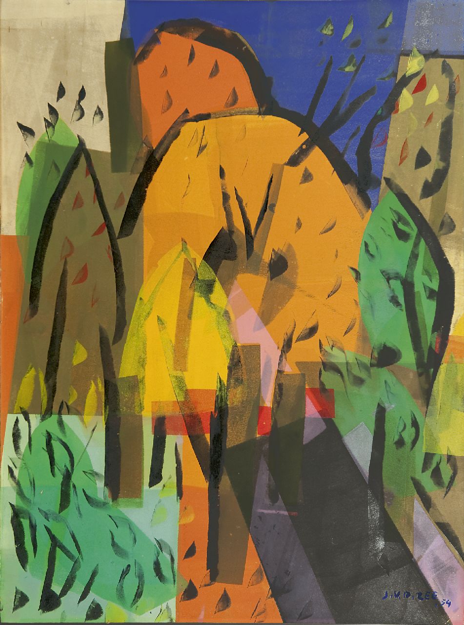Zee J. van der | Jan van der Zee, Compositie - Boomgaard, monotype; chablonedruk en inkt op papier 64,8 x 47,9 cm, gesigneerd rechtsonder en gedateerd '54 Zee J. van der | Jan van der Zee, Compositie - Boomgaard, monotype; chablonedruk en inkt op papier 64,8 x 47,9 cm, gesigneerd rechtsonder en gedateerd '54