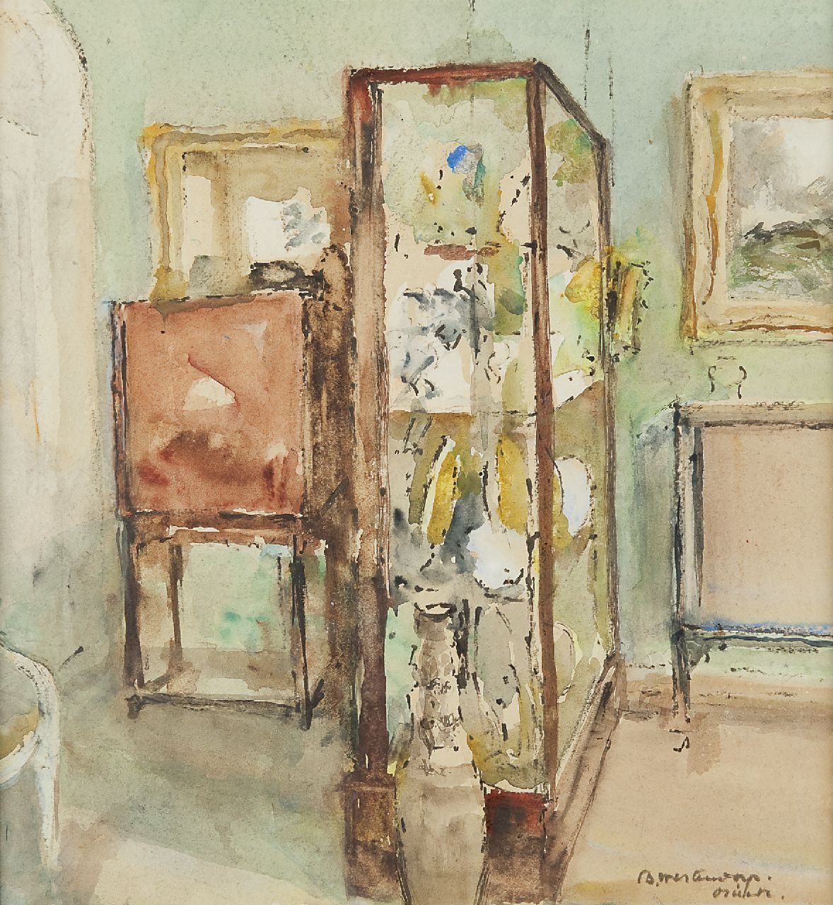 Betsy Osieck | Interieur met vitrine, aquarel op papier, 32,0 x 30,0 cm, gesigneerd r.o.