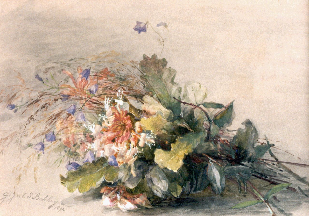 Sande Bakhuyzen G.J. van de | 'Gerardine' Jacoba van de Sande Bakhuyzen, Veldboeket, aquarel op papier 35,0 x 49,0 cm, gedateerd 1892