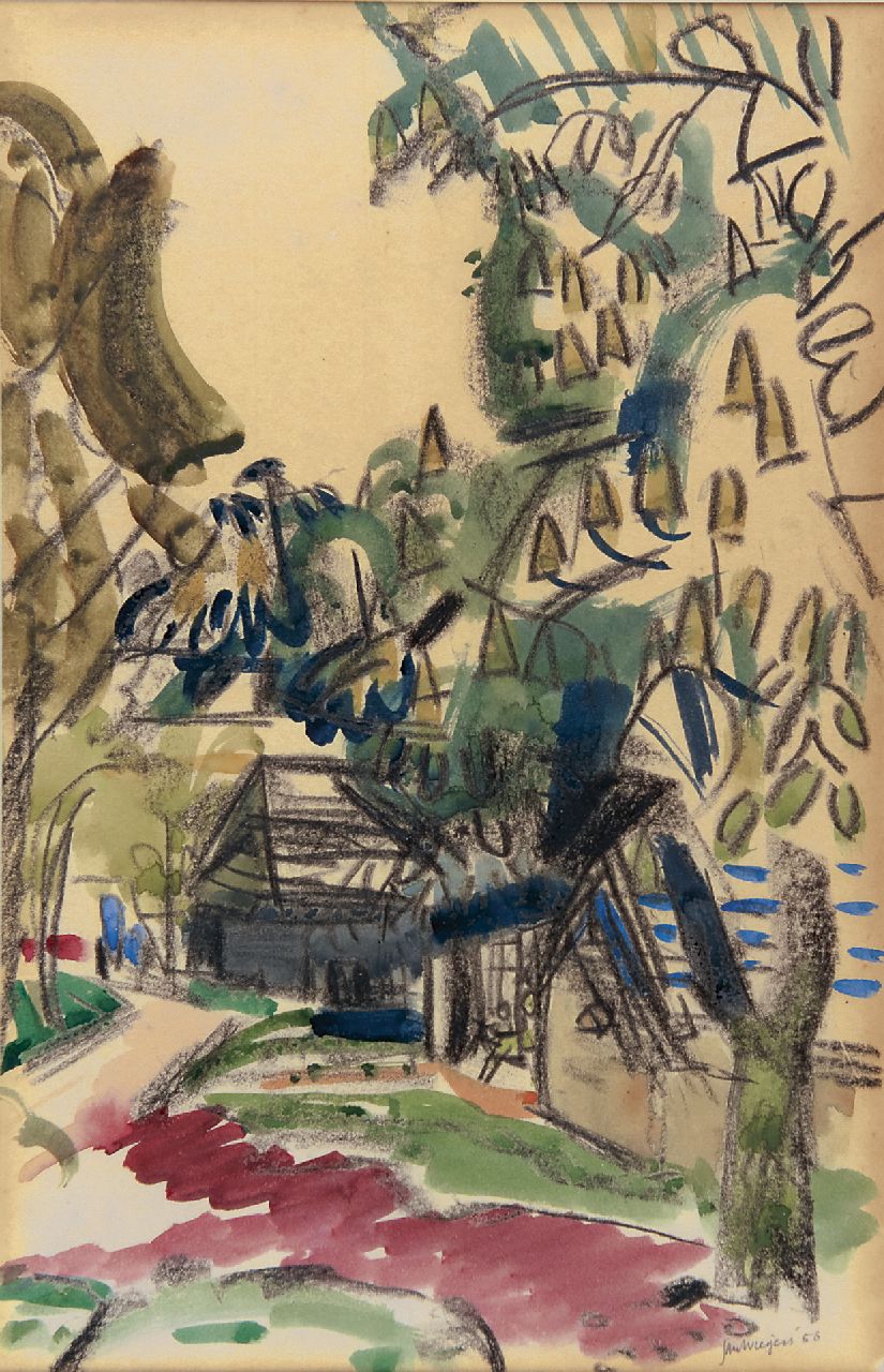 Wiegers J.  | Jan Wiegers, Landweg met huizen en bomen, zwart krijt en aquarel op papier 38,4 x 25,2 cm, gesigneerd rechtsonder en gedateerd '56