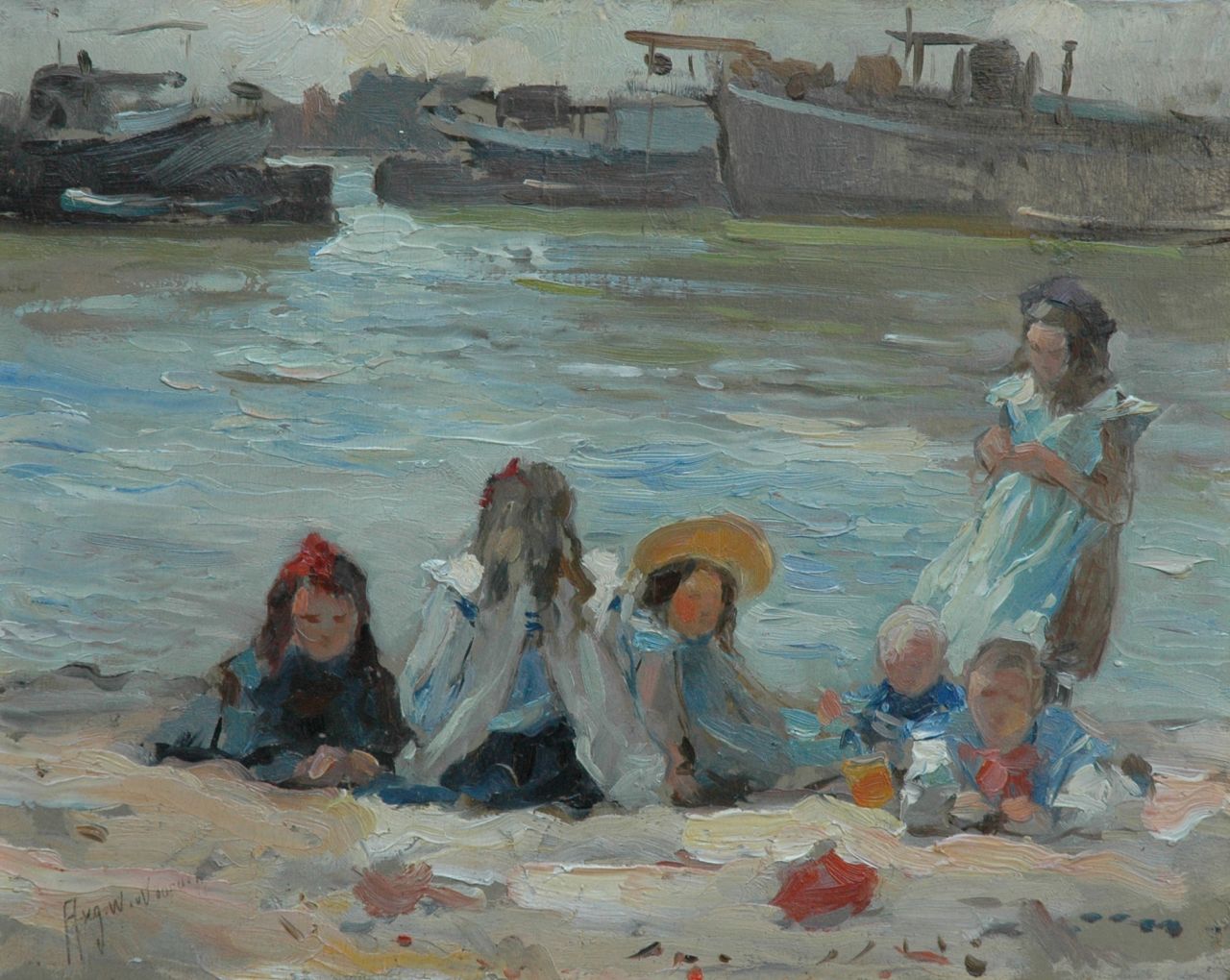 Voorden A.W. van | August Willem van Voorden, Spelende kinderen op de oever, olieverf op paneel 27,2 x 34,2 cm, gesigneerd linksonder