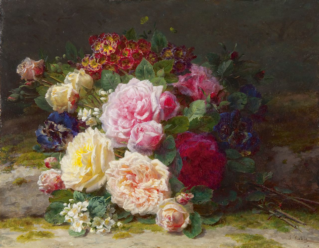 Robie J.B.  | Jean-Baptiste Robie, Boeket met rozen op de bosgrond, olieverf op paneel 41,5 x 53,2 cm, gesigneerd rechtsonder