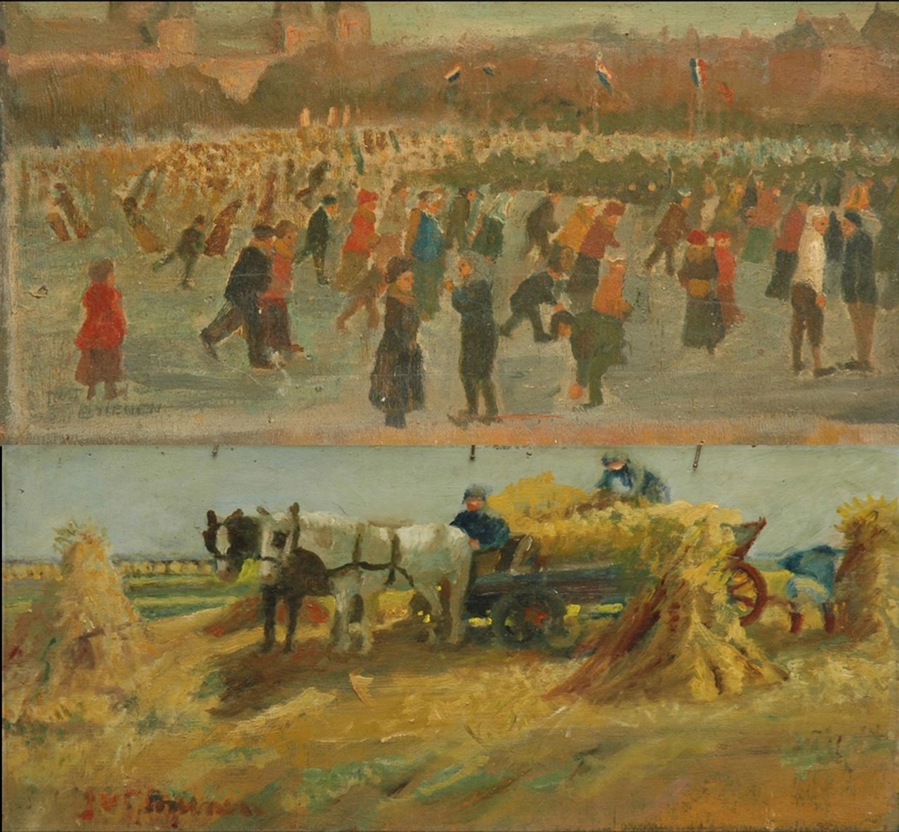 Jos Brienen | Schaatspret op het Museumplein in Amsterdam; verso: Oogstende boeren, olieverf op paneel, 28,5 x 54,3 cm, gesigneerd l.o. en verso