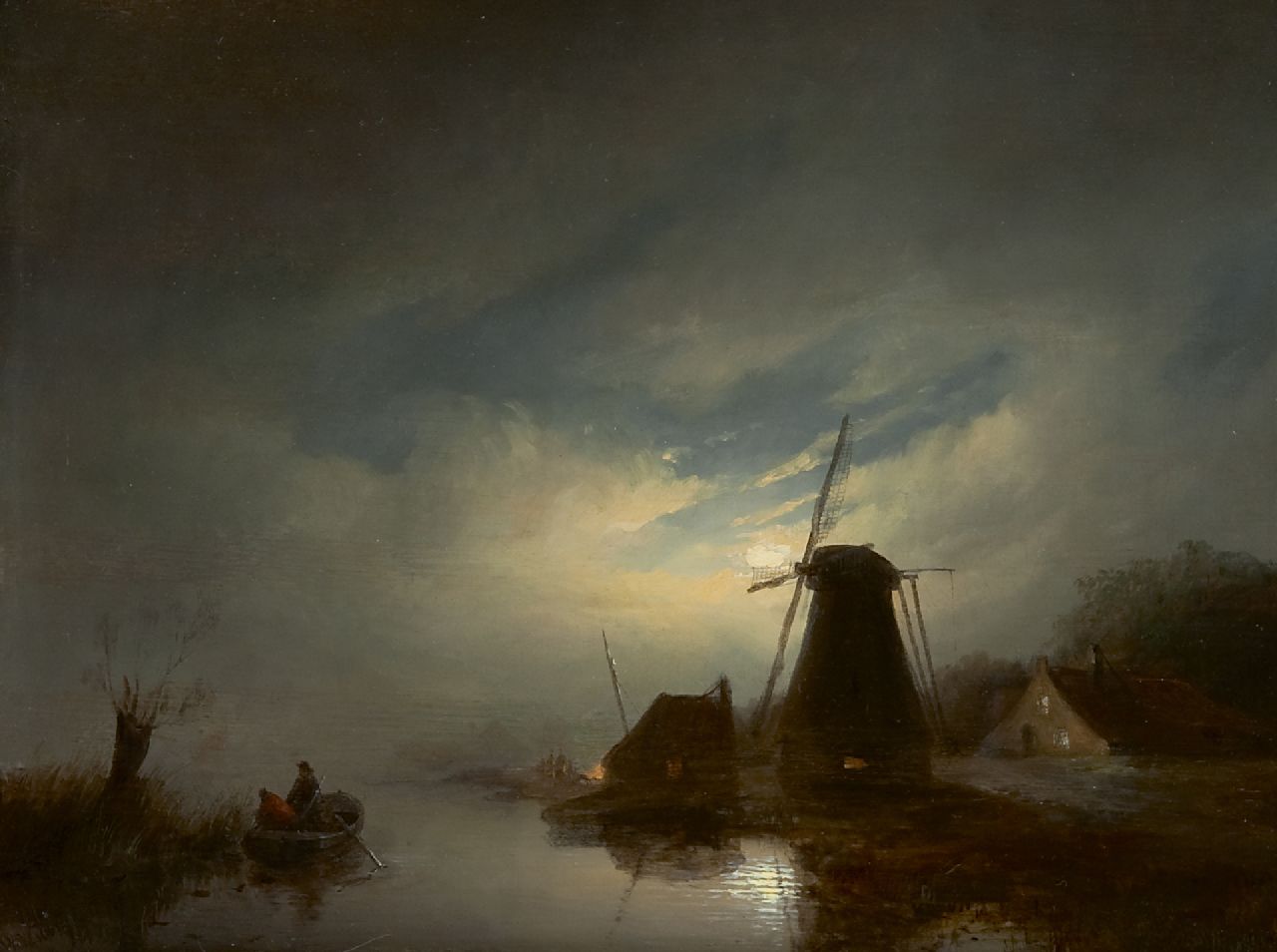 Vester W.  | Willem Vester | Schilderijen te koop aangeboden | Rivierlandschap met molen bij maanlicht, olieverf op paneel 28,1 x 37,2 cm, gesigneerd linksonder